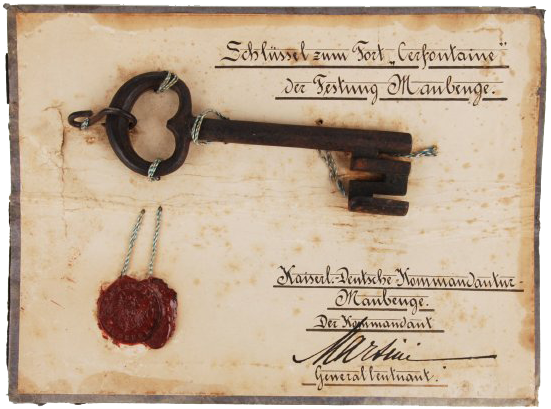 Brought home from Europe after World War II by Louis Olson and later donated by his daughter Linda Olson, this plaque displays the World War I-era key to Fortress Cerfontaine, of the Fort Maubeuge in France.